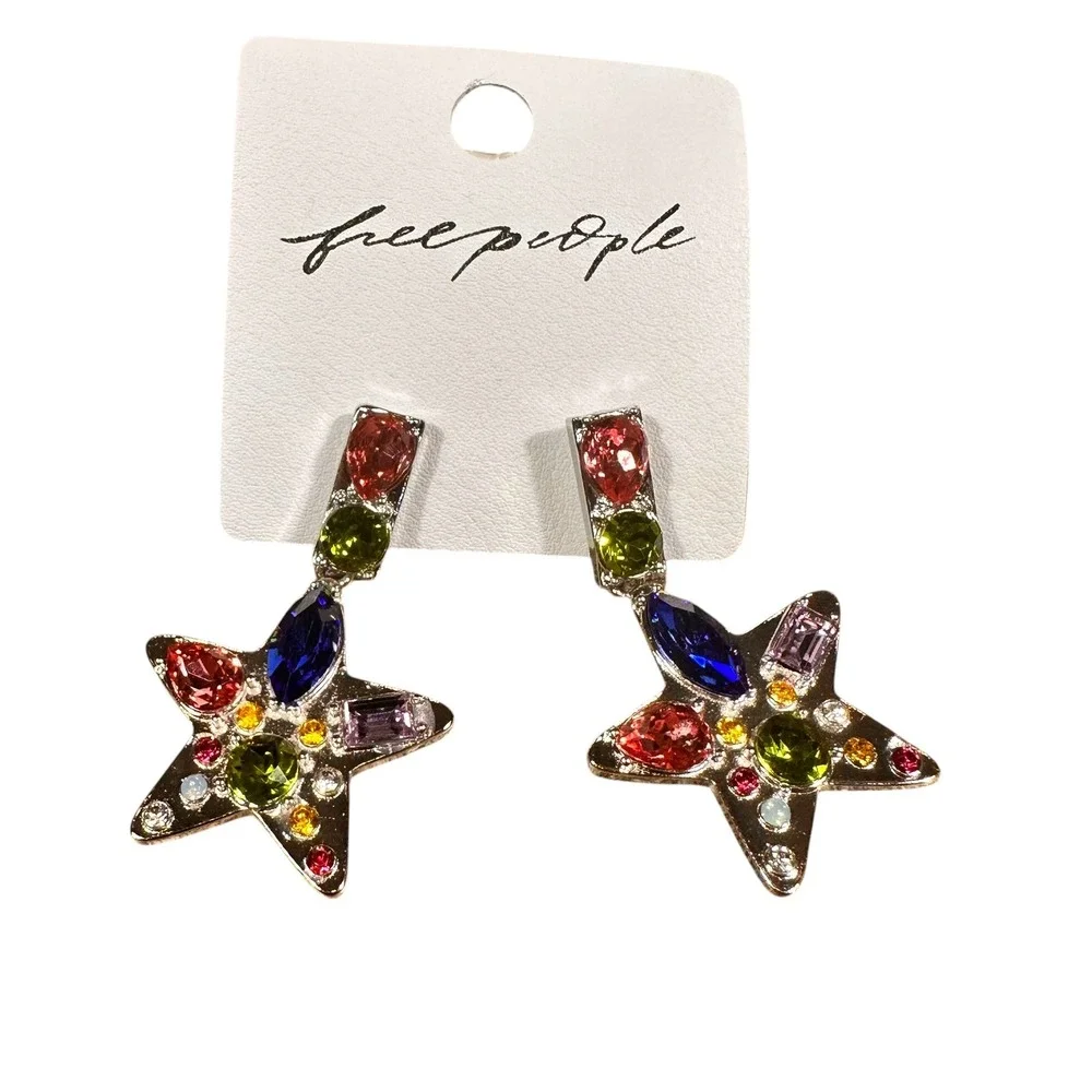 Free People NancyAnn Earrings NWT‎ Womens OS Multicolor Silver Star Crystal Drop